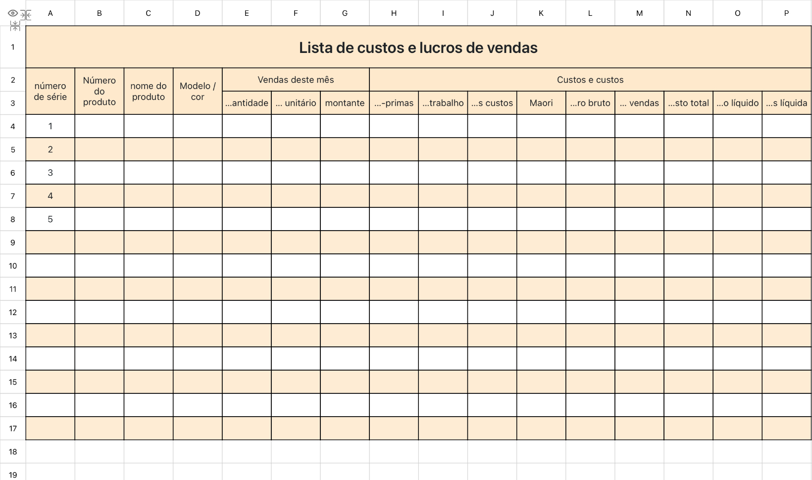 Lista de custos e lucros de vendas